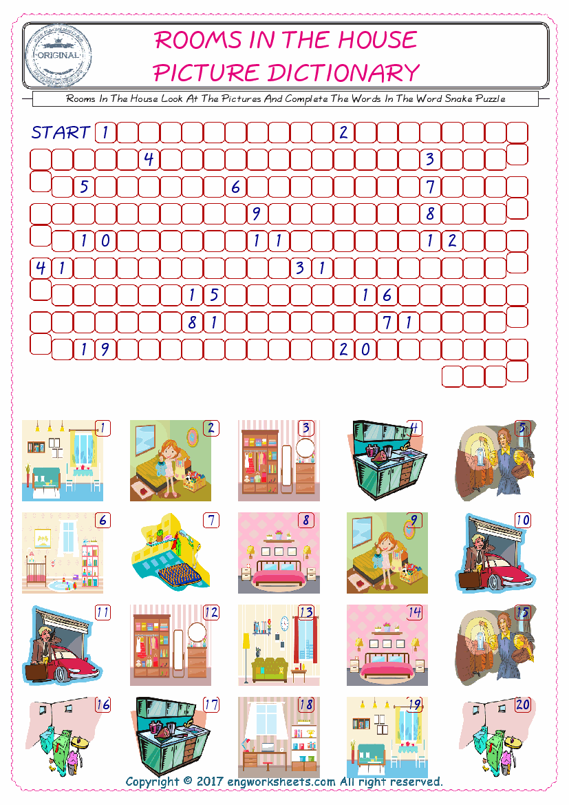 Check the Illustrations of Rooms In The House english worksheets for kids, and Supply the Missing Words in the Word Snake Puzzle ESL play. 